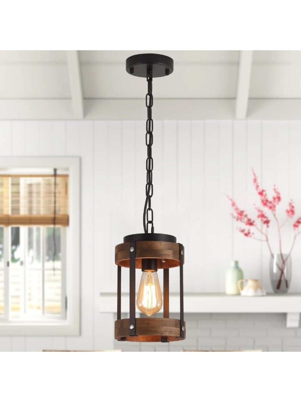 Rustic Farmhouse Pendant Light Fixture - Adjustable Oak & Metal Lantern for
